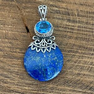 Lapis and Blue Topaz Gemstone and Sterling Silver Necklace Pendant